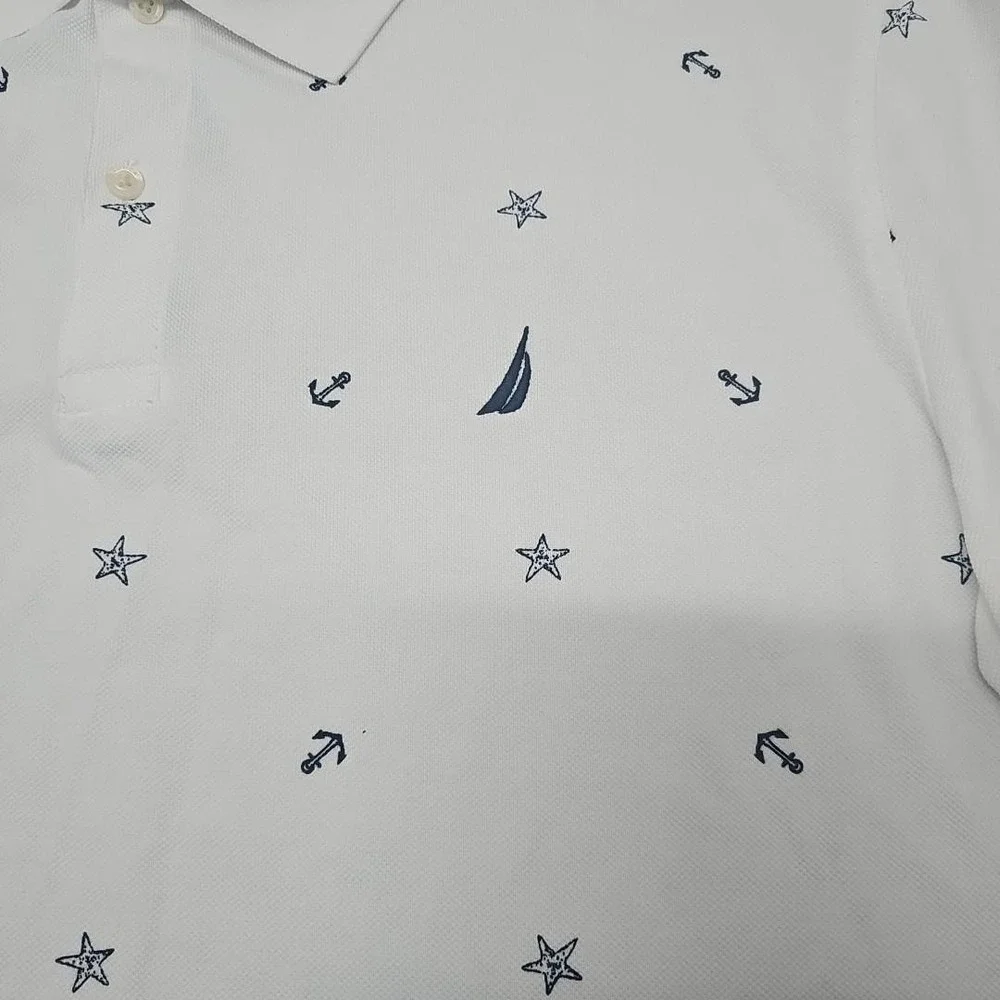 Nautica Performance Deck Polo Men XXL Shirt White Blue Anchor Nautical Print AOP